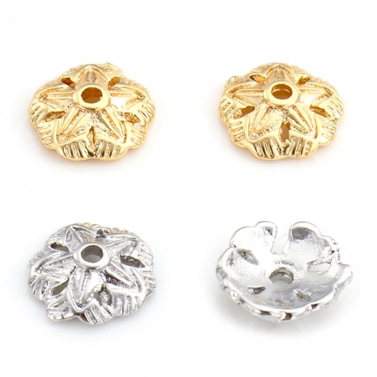 Image de Coupelles en Laiton Fleur Plaqué Or Véritable Creux 7.5mm x 7.5mm, 10 Pcs