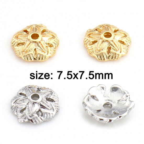 Image de Coupelles en Laiton Fleur Plaqué Or Véritable Creux 7.5mm x 7.5mm, 10 Pcs