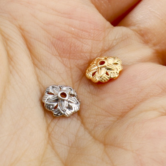 Image de Coupelles en Laiton Fleur Plaqué Or Véritable Creux 7.5mm x 7.5mm, 10 Pcs