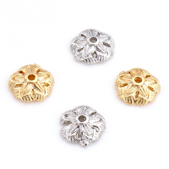 Image de Coupelles en Laiton Fleur Plaqué Or Véritable Creux 7.5mm x 7.5mm, 10 Pcs