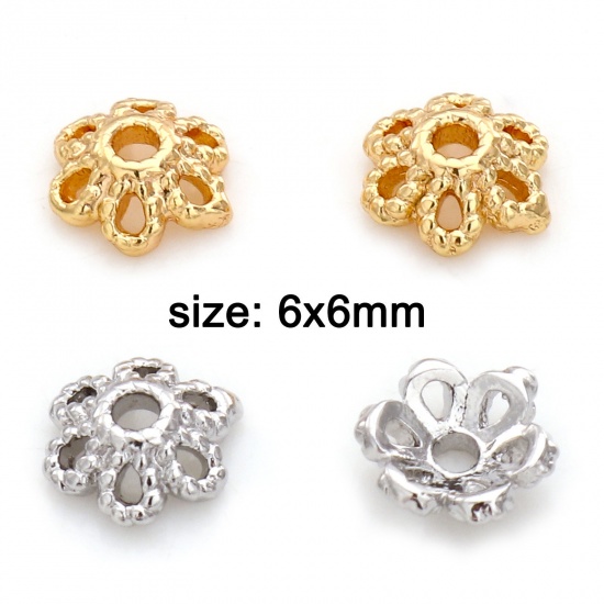 Picture of Brass Beads Caps Flower Real Gold Plated Hollow 6mm x 6mm