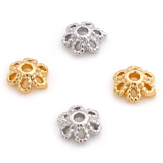 Picture of Brass Beads Caps Flower Real Gold Plated Hollow 6mm x 6mm