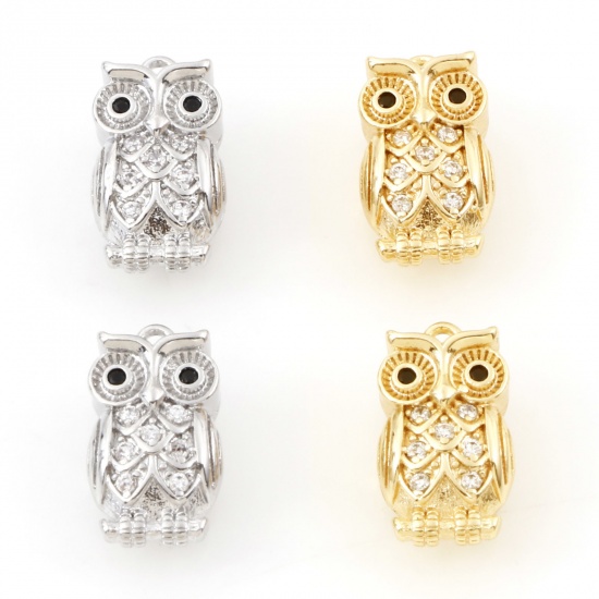 Picture of Brass Halloween Charms Real Gold Plated Owl Animal Heart Micro Pave Clear & Black Cubic Zirconia 15.5mm x 8.5mm