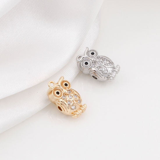 Picture of Brass Halloween Charms Real Gold Plated Owl Animal Heart Micro Pave Clear & Black Cubic Zirconia 15.5mm x 8.5mm