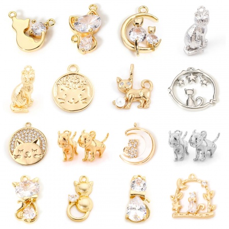 Ottone Charms Gatto Vero Oro Placcato 3D 15mm x 9mm, 2 Pz