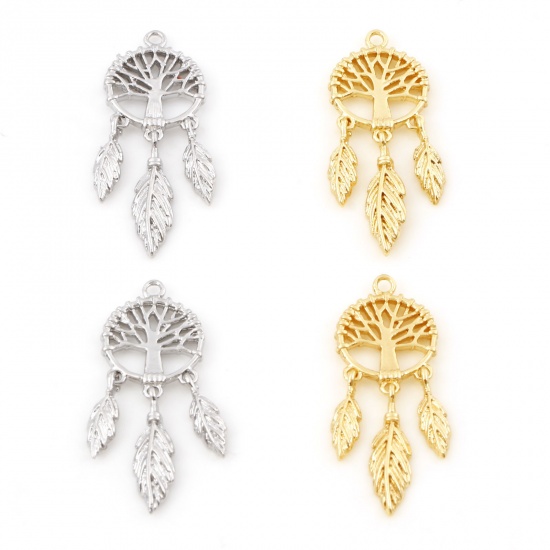 Imagen de Latón Colgantes Charms Capta Sueño Oro Real Chapado Árbol de la Vida 27mm x 10mm, 2 Unidades