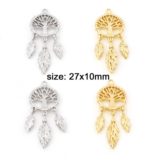 Imagen de Latón Colgantes Charms Capta Sueño Oro Real Chapado Árbol de la Vida 27mm x 10mm, 2 Unidades