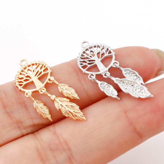 Imagen de Latón Colgantes Charms Capta Sueño Oro Real Chapado Árbol de la Vida 27mm x 10mm, 2 Unidades