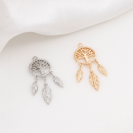 Imagen de Latón Colgantes Charms Capta Sueño Oro Real Chapado Árbol de la Vida 27mm x 10mm, 2 Unidades