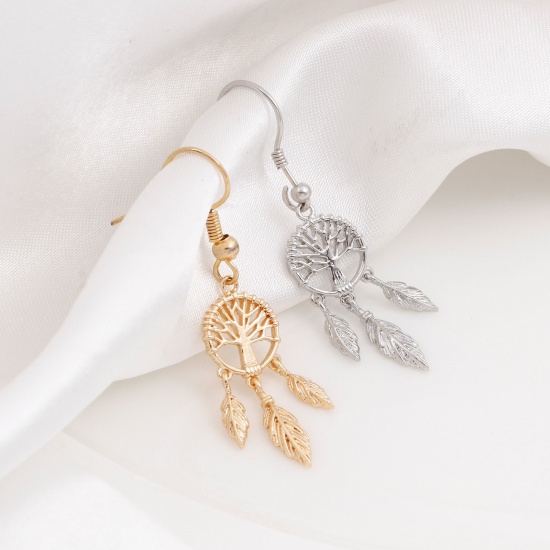Imagen de Latón Colgantes Charms Capta Sueño Oro Real Chapado Árbol de la Vida 27mm x 10mm, 2 Unidades