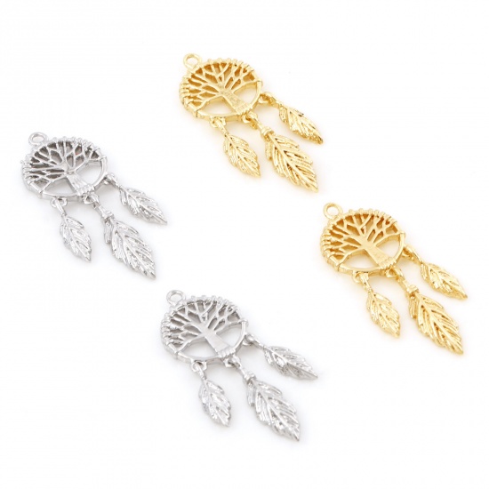 Imagen de Latón Colgantes Charms Capta Sueño Oro Real Chapado Árbol de la Vida 27mm x 10mm, 2 Unidades