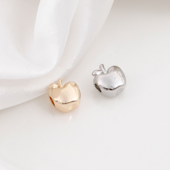 Image de Perles pour DIY Fabrication de Bijoux en Laiton Plaqué Or Véritable Pomme 3D Env. 10.5mm x 9mm, 2 Pcs