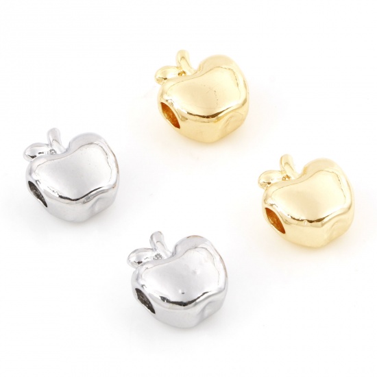 Image de Perles pour DIY Fabrication de Bijoux en Laiton Plaqué Or Véritable Pomme 3D Env. 10.5mm x 9mm, 2 Pcs