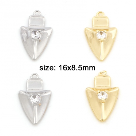 Imagen de Latón Colgantes Charms Punta de Flecha Oro Real Chapado Micro Pave Claro Circón Artificial 16mm x 8.5mm, 2 Unidades