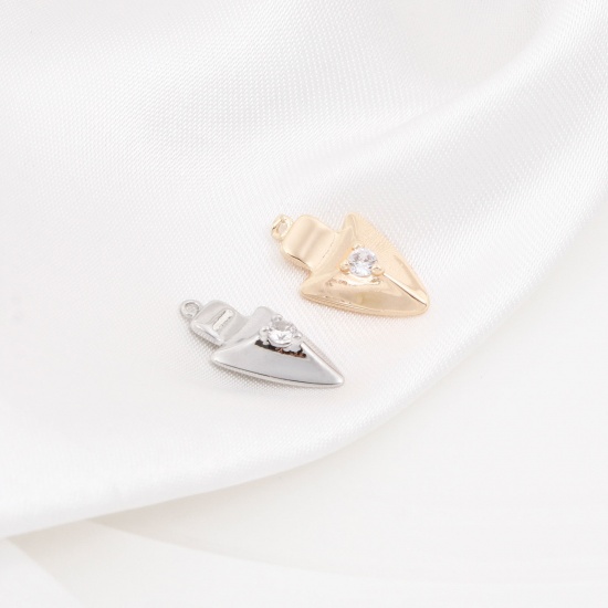 Imagen de Latón Colgantes Charms Punta de Flecha Oro Real Chapado Micro Pave Claro Circón Artificial 16mm x 8.5mm, 2 Unidades