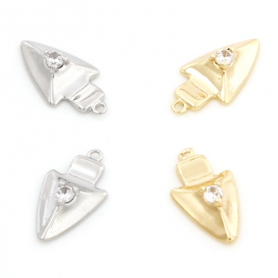 Imagen de Latón Colgantes Charms Punta de Flecha Oro Real Chapado Micro Pave Claro Circón Artificial 16mm x 8.5mm, 2 Unidades