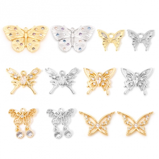 Imagen de Latón Insecto Colgantes Charms Mariposa Oro Real Chapado Micro Pave Multicolor Rhinestone 22mm x 14.5mm, 1 Unidad