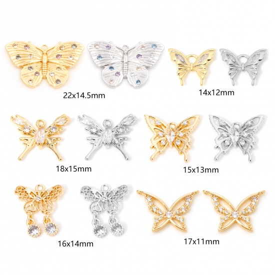 Imagen de Latón Insecto Colgantes Charms Mariposa Oro Real Chapado Micro Pave Multicolor Rhinestone 22mm x 14.5mm, 1 Unidad