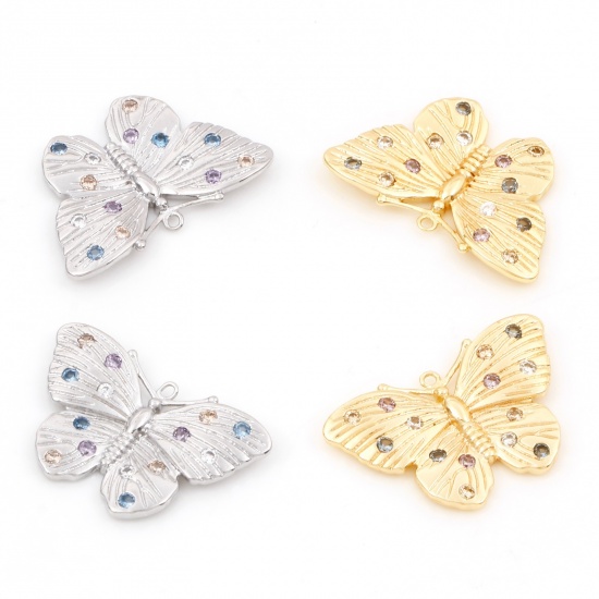 Imagen de Latón Insecto Colgantes Charms Mariposa Oro Real Chapado Micro Pave Multicolor Rhinestone 22mm x 14.5mm, 1 Unidad