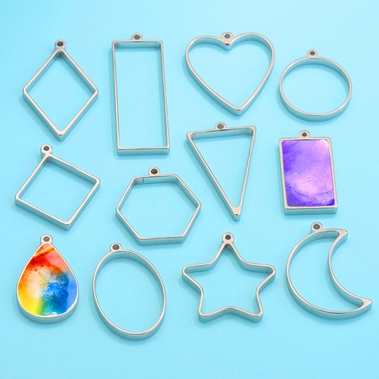 Image de Pendentif Cadre Arrière Ouvert pour Résine Polymètre en 304 Acier Inoxydable Respectueux de la Nature Géométrique Argent Mat 3 Pcs