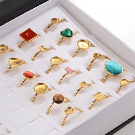 304 Stainless Steel Open Adjustable Rings 18K Gold Plated Geometric Cabochon Settings 18mm(US Size 7.75)