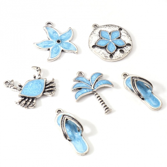 Picture of Zinc Based Alloy Charms Antique Silver Color Blue Crab Animal Bird Enamel