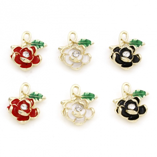 Picture of Zinc Based Alloy Valentine's Day Charms Gold Plated Multicolor Rose Flower Enamel Clear Rhinestone 19mm x 15mm