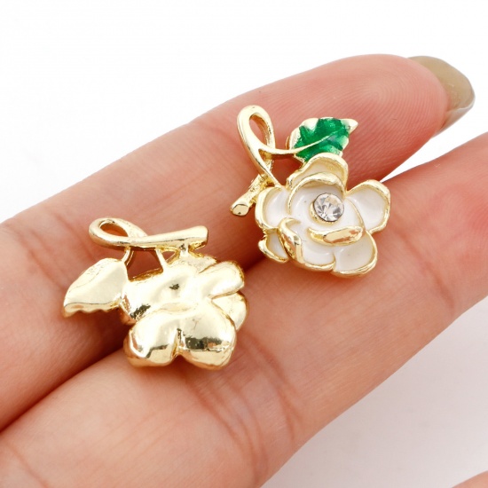 Picture of Zinc Based Alloy Valentine's Day Charms Gold Plated Multicolor Rose Flower Enamel Clear Rhinestone 19mm x 15mm