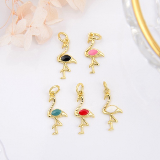 Picture of Brass Charms Gold Plated Multicolor Flamingo Enamel 25mm x 10mm                                                                                                                                                                                               