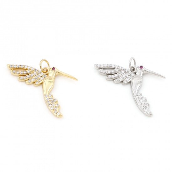 Picture of Brass Micro Pave Charms Multicolor Hummingbird Clear & Red Cubic Zirconia 26mm x 25mm