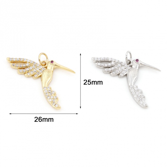 Picture of Brass Micro Pave Charms Multicolor Hummingbird Clear & Red Cubic Zirconia 26mm x 25mm