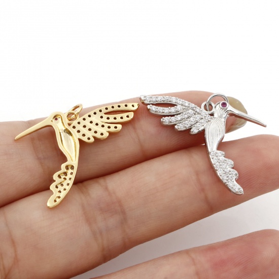 Picture of Brass Micro Pave Charms Multicolor Hummingbird Clear & Red Cubic Zirconia 26mm x 25mm