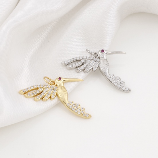 Picture of Brass Micro Pave Charms Multicolor Hummingbird Clear & Red Cubic Zirconia 26mm x 25mm