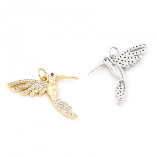 Picture of Brass Micro Pave Charms Multicolor Hummingbird Clear & Red Cubic Zirconia 26mm x 25mm