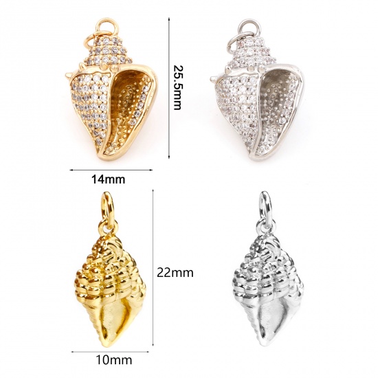 Image de Breloques Micro Pave en Laiton Multicolore Escargot de Mer Coquilles 3D à Zircone Cubique Clair 25.5mm x 14mm, 1 Pièce