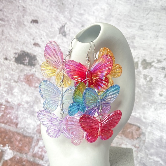Picture of Resin Insect Earrings Silver Tone Multicolor Butterfly Animal Gradient Color