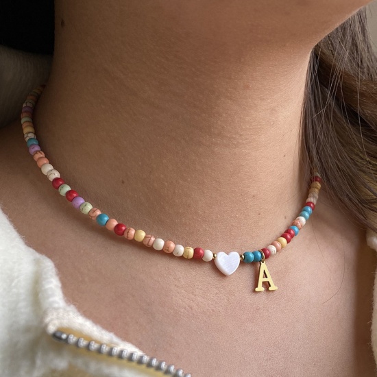 Immagine di Conchiglia Stile Bohemien Collana di Perline Oro Placcato Multicolore Lettera Maiuscola " A-Z" Turchese Imitato 1 Pz