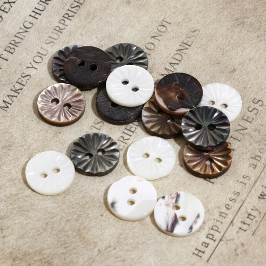 Picture of Natural Shell Sewing Buttons Scrapbooking 2 Holes Round Multicolor Flower Pattern 11mm Dia, 5 PCs