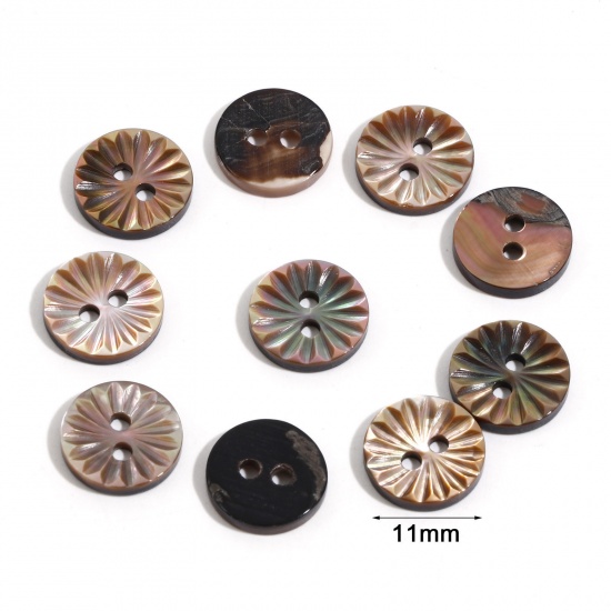 Picture of Natural Shell Sewing Buttons Scrapbooking 2 Holes Round Multicolor Flower Pattern 11mm Dia, 5 PCs