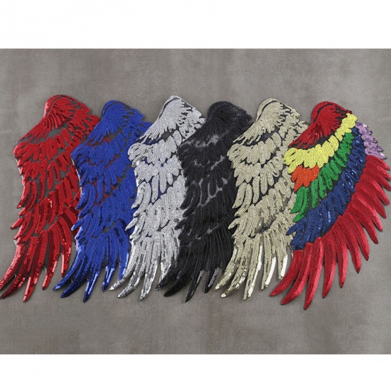 Picture of PET Iron On Patches Appliques (With Glue Back) DIY Sewing Craft Clothing Decoration Multicolor Wing Sequins 1 Pair