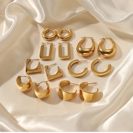 Umweltfreundliche Vakuumbeschichtung Retro Einfach 14K Echtgold plattiert 304 Edelstahl Hoop Ohrringe Für Frauen Party 1 Paar