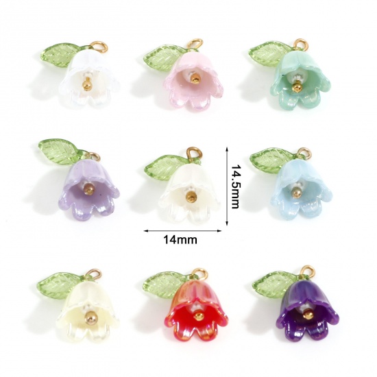 Picture of Zinc Based Alloy & Resin Charms Gold Plated Multicolor Flower Leaves Lily Of The Valley Flower 3D 14.5mm x 14mm