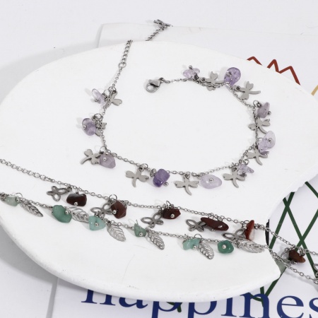 201 Stainless Steel Link Cable Chain Anklet Silver Tone Multicolor Chip Beads