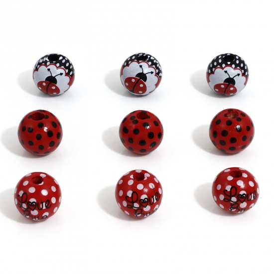 Picture of Hinoki Wood Insect Spacer Beads For DIY Charm Jewelry Making Round Multicolor Ladybird About 16mm Dia.