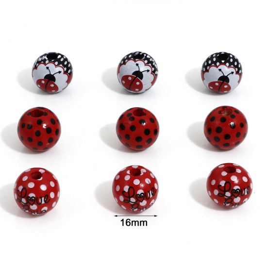 Image de Perles pour DIY Fabrication de Bijoux de Charme Insecte Intercalaires en Bois de Cyprès Rond Multicolore Coccinelles 16mm Dia, 20 Pcs