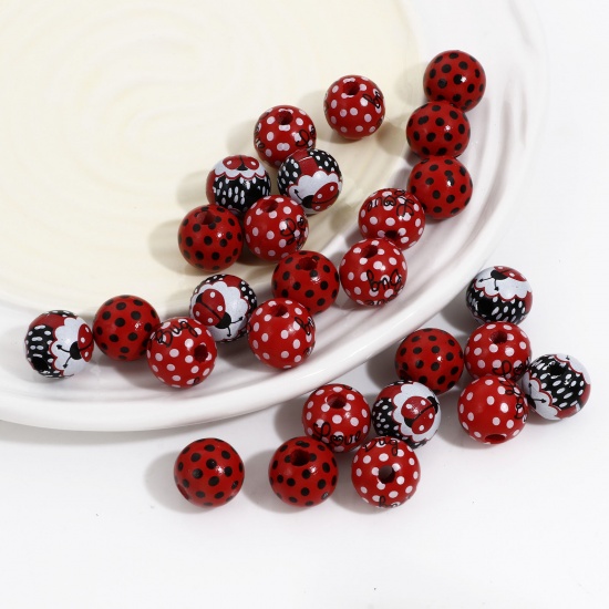 Picture of Hinoki Wood Insect Spacer Beads For DIY Charm Jewelry Making Round Multicolor Ladybird About 16mm Dia.