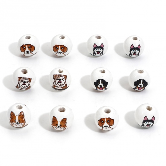 Picture of Hinoki Wood Spacer Beads For DIY Charm Jewelry Making Round White Dog About 16mm Dia.
