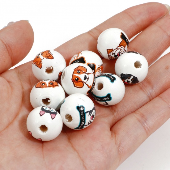 Picture of Hinoki Wood Spacer Beads For DIY Charm Jewelry Making Round White Dog About 16mm Dia.