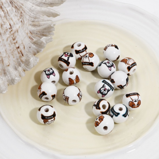 Immagine di Legno di Hinoki Separatori Perline per la Creazione di Gioielli con Ciondoli Fai-da-te Tondo Bianco Cane Disegno Circa: 16mm Dia, 20 Pz