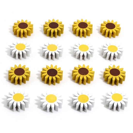 Picture of Hinoki Wood Spacer Beads For DIY Charm Jewelry Making Sunflower Multicolor Daisy Flower About 21.5mm x 21mm
